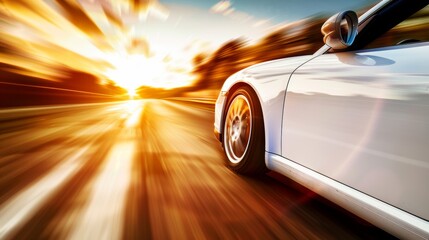 A white sports car speeding on a highway under a bright sun, conveying a sense of motion and...