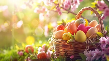 Easter celebration with a wicker basket full of colorful painted eggs among spring flowers with sunlight flare.