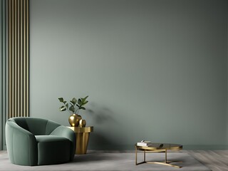  Grey green living room. Lounge area chair with an accent gold table and decor. Empty painted wall blank as background. Modern interior design room home or hotel. 3d rendering 