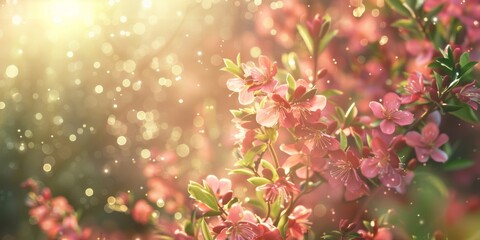 Soft focus almond blossoms with sparkling bokeh background in warm sunset light, depicting springtime.