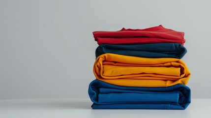Stack of neatly folded colorful t-shirts against a clean white backdrop.