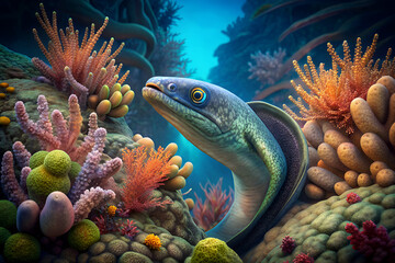 eel fish surrounded by beautiful coral