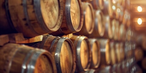 Rows of wooden wine barrels stored in a dimly lit traditional cellar, implying aged quality. - obrazy, fototapety, plakaty