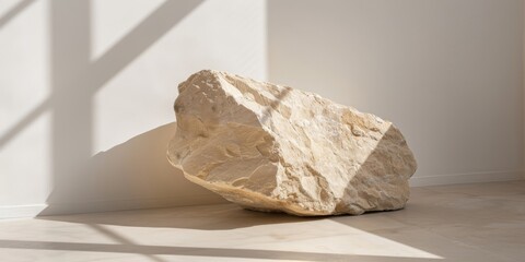 A large, natural rock displayed indoors, with shadows casting an artistic effect.