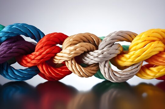 knot on a rope, A tangled pile of coloured rope confusion and thought process concept Generative AI
           