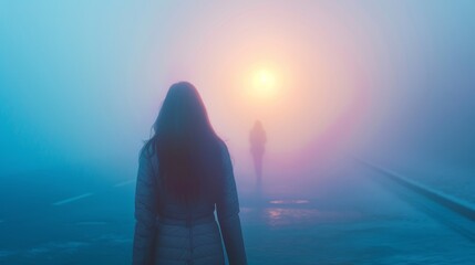 A woman's silhouette walking towards another figure in a surreal, foggy landscape illuminated by a soft blue light. - Powered by Adobe