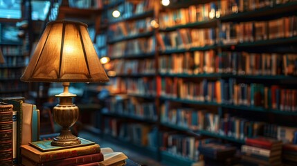 Antique lamps illuminating cozy bookstore aisles, setting the mood for reading enthusiasts.