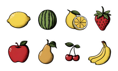 Set of fruit stickers on a transparent background, png