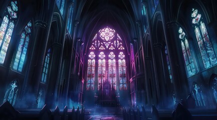 dark cathedral with stained glasses