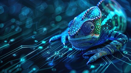 Digital chameleon in neon colors. Big data visualization. Information aesthetic design. Animal learning. Generative AI