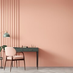  Workplace in Peach Fuzz 2025 color trend. Painted walls and rich furniture - chairs and table with lamp. Pastel painting background. Large home office or co working center. 3d render 