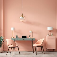  Workplace in Peach Fuzz 2025 color trend. Painted walls and rich furniture - chairs and table with lamp. Pastel painting background. Large home office or co working center. 3d render 