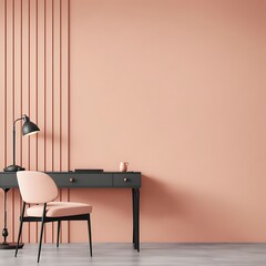  Workplace in Peach Fuzz 2025 color trend. Painted walls and rich furniture - chairs and table with lamp. Pastel painting background. Large home office or co working center. 3d render 