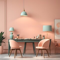  Workplace in Peach Fuzz 2025 color trend. Painted walls and rich furniture - chairs and table with lamp. Pastel painting background. Large home office or co working center. 3d render 
