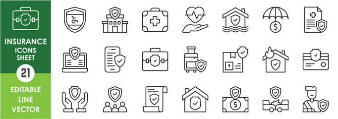 Outline icons set related to insurance. Vector, simple thin line icons collection.