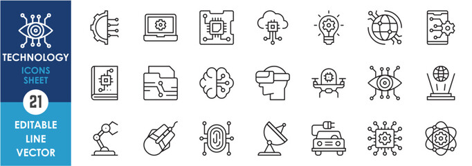 Set line icons related to technology including cloud computing, data, hologram, digital security and so on. Outline icon collection.