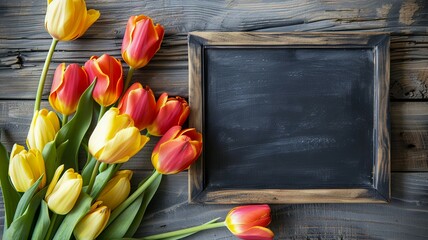 Obraz premium Colorful tulips beside a rustic chalkboard - Vivid tulips in yellow and red tones leaning against a vintage chalkboard on a wooden background