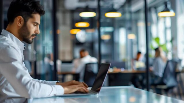Businessman works on laptop at desk in modern office, colleagues blurred in background, glass walls and open layout create sense of transparency and collaboration.
