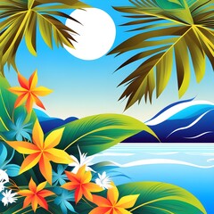 Fototapeta na wymiar vacation mode banner symbol depicted with paradise elements like tropical leaves ocean waves