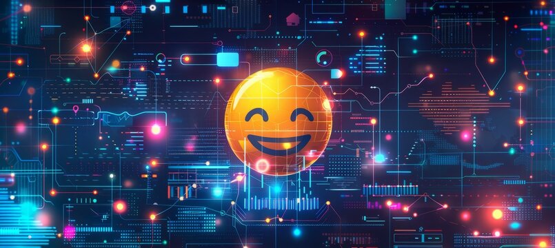 Happy smile emoji on virtual space technology. Generative AI technology.	
