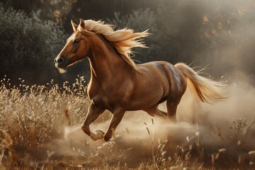 Majestic horse galloping in the golden field - The golden tones and dynamic motion capture the free spirit and wild beauty of the horse in its natural environment