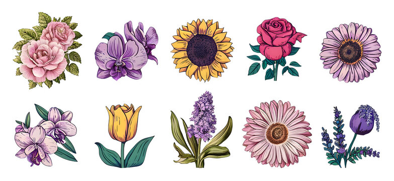 Set of vintage style flower stickers on a transparent background, png