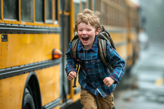 Boy getting off the school bus to start his summer vacation, his heart dancing with happiness as he bids farewell to homework and welcomes outdoor adventures