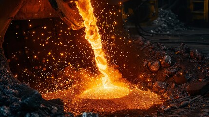 Fototapeta premium Light from high temperature Iron molten metal pouring in green sand mold Foundry process to manufacture cast product for automotive and electrical, industrial engineering metallurgy background