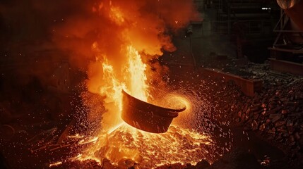 Fototapeta premium Light from high temperature Iron molten metal pouring in green sand mold Foundry process to manufacture cast product for automotive and electrical, industrial engineering metallurgy background