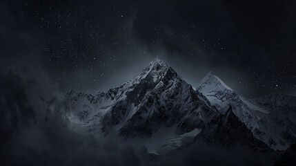 A dark night sky with snowcapped mountains, in a simple and atmospheric style.  