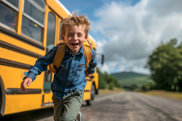 Boy getting off the school bus to start his summer vacation, his steps light and carefree, ready to dive into a world of play and exploration