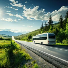 modern bus, mountain road landscape