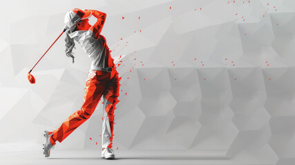 Red geometric shape illustration of golf player after hitting the ball