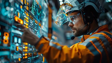 Industrial Worker Navigating Virtual Data Overlays in Industrial Setting
