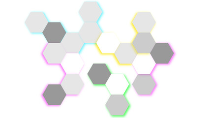 Abstract white and gray color shade embossed Hexagonal honeycomb pattern background with neon light effect. Abstract Technology Futuristic Digital Hi-Tech Concept. Luxury white pattern