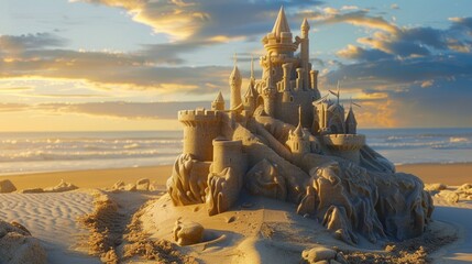 A magnificent sand castle stands tall on the beach, surrounded by the breathtaking natural landscape of the sunset sky, water, and plant life AIG50