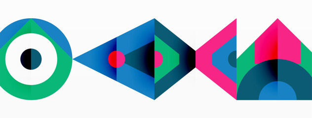 An educational toy featuring a row of colorful geometric shapes like triangles and rectangles in tints and shades of electric blue and magenta, creating a symmetrical pattern on a white background