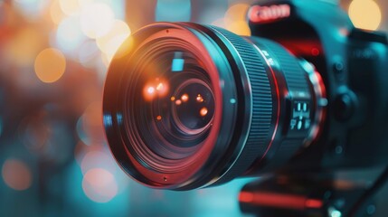 closeup of professional video camera lens with lens flare filmmaking and videography concept