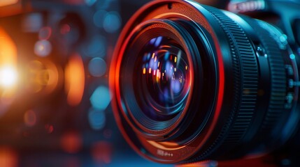 closeup of professional video camera lens with lens flare filmmaking and videography concept