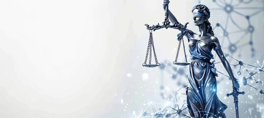 Lady of justice on bokeh technology copy space background. Law judgment equality. Generative AI technology.