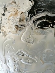 silver abstract painting faces liquid metal, light bronze, distort organic formations