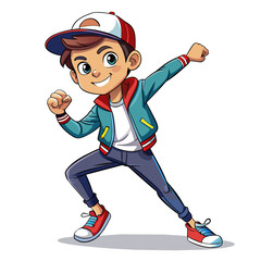 Show a trendy, cool boy striking a confident dabbing pose, wearing stylish streetwear with a baseball cap turned backward, exuding a fun and youthful vibe