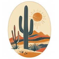 dessert landscape oval frame line art, tall cactus