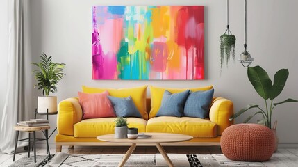 colorful abstract painting hanging in cheerful living room home decor mockup idea happy mood interior design concept