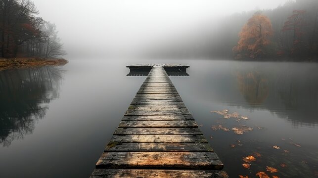 A misty morning on a tranquil lake, with a lone pier stretching out into the water.