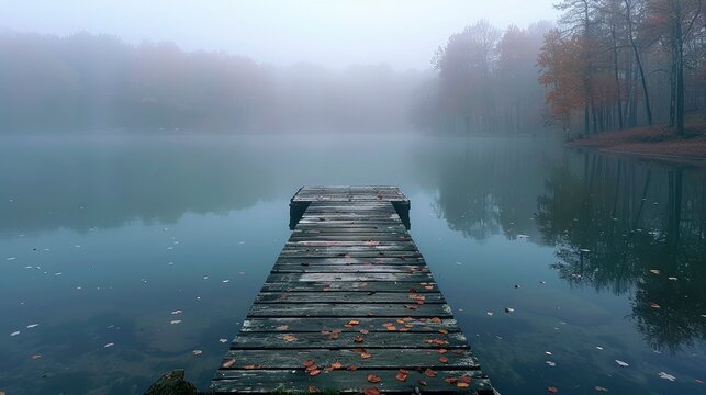 A misty morning on a tranquil lake, with a lone pier stretching out into the water.
