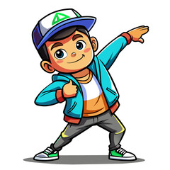 Show a trendy, cool boy striking a confident dabbing pose, wearing stylish streetwear with a baseball cap turned backward, exuding a fun and youthful vibe