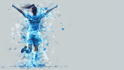 Obraz premium Blue geometric form illustration of soccer player celebrating success
