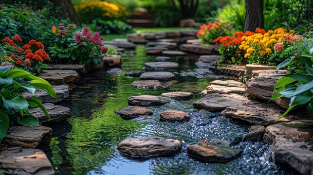 A tranquil garden pond surrounded by lush green foliage and colorful blossoms.