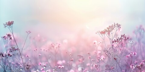 A dreamy landscape of pink wildflowers enveloped in a soft misty morning light.